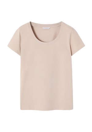 Light beige t-shirt made of soft cotton with a scoop neckline and short sleeves, featuring a straight bottom hem and minimal stitching details.