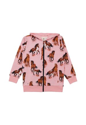 Pinker Kapuzenpullover mit Reißverschluss und Kapuze, verziert mit mehreren braunen und weißen Pferden in verschiedenen Laufposen.