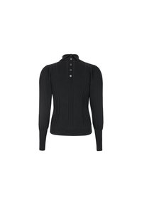 Pull en tricot noir avec un col montant, patte de boutonnage à cinq boutons et texture côtelée. Présente des manches bouffantes et un design à côtes verticales.