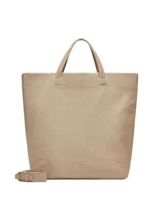 Beige Leder Tragetasche mit zwei oberen Griffen und einem abnehmbaren Schulterriemen. Glatte Textur und dezentes Logo-Detail an der Unterseite.