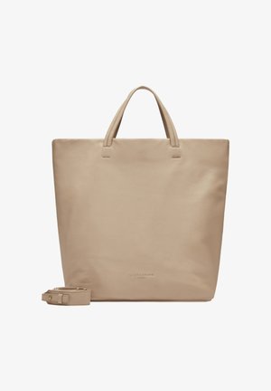 Beige Leder Tragetasche mit zwei oberen Griffen und einem abnehmbaren Schulterriemen. Glatte Textur und dezentes Logo-Detail an der Unterseite.