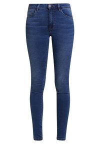 Vaqueros ajustados de denim azul oscuro, con una cintura regular, bolsillos frontales y una textura suave con un ligero desvanecimiento.