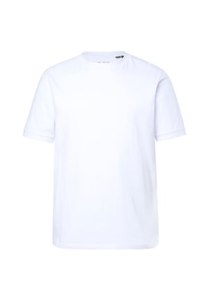 White cotton t-shirt with short sleeves, classic crew neck, and a smooth, even texture. No patterns or logos visible.