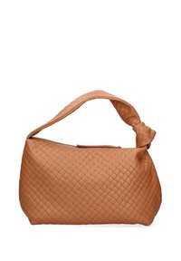 Sac en cuir tissé tan avec une poignée en style noeud et une forme arrondie, présentant une surface texturée pour un design tactile.