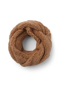 Sciarpa infinita in pile marrone con una superficie morbida e texture, caratterizzata da un design a loop continuo. Misura circa 23 cm di larghezza.