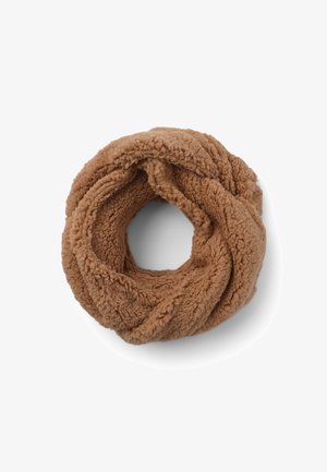 Sciarpa infinita in pile marrone con una superficie morbida e texture, caratterizzata da un design a loop continuo. Misura circa 23 cm di larghezza.