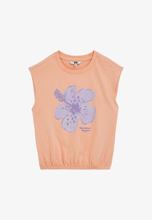 Bez rękawów łososiowy top z elastycznym dołem, z dużym fioletowym kwiatem hibiskusa i napisem „Sunshine lagoon” z przodu.