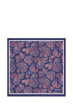 Dunkelblauer Schal mit rotem und weißem Paisleymuster, eingefasst von einer weißen Linie. Hergestellt aus weichem Material, mit kunstvollen Details durchgehend.