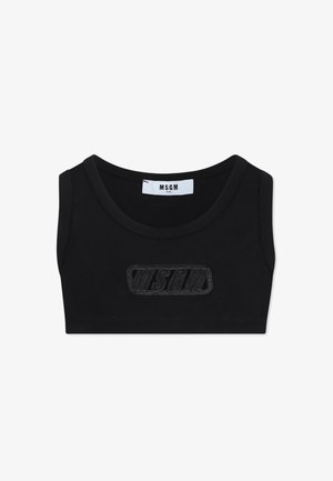 Top corto nero realizzato in morbido tessuto, caratterizzato da un colletto rotondo e logo MSGM ricamato al centro della parte frontale. Design semplice e senza maniche.