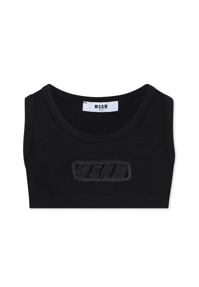 Top corto nero realizzato in morbido tessuto, caratterizzato da un colletto rotondo e logo MSGM ricamato al centro della parte frontale. Design semplice e senza maniche.