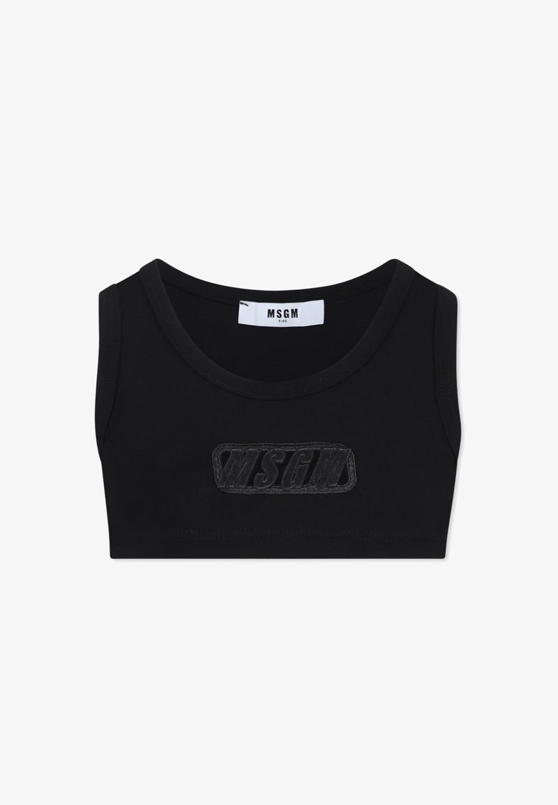 Top corto nero realizzato in morbido tessuto, caratterizzato da un colletto rotondo e logo MSGM ricamato al centro della parte frontale. Design semplice e senza maniche.