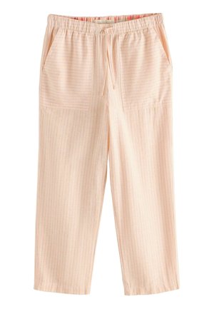 Helle Pfirsichfarbene, weit geschnittene Hose mit dünnen vertikalen blauen Streifen, elastischem Bund mit Kordelzug und zwei aufgesetzten Taschen vorne.