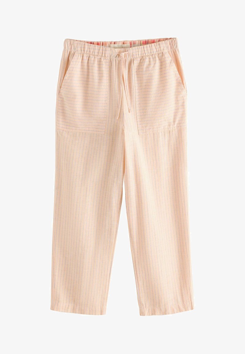 Pantalon large couleur pêche clair avec fines rayures verticales bleues, taille élastique avec cordon de serrage et deux poches avant plaquées.