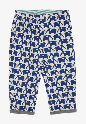 Leggings in cotone con motivo di elefanti blu, con polsino grigio chiaro e una vita a righe turchesi. Presentano silhouette di elefanti ripetute.