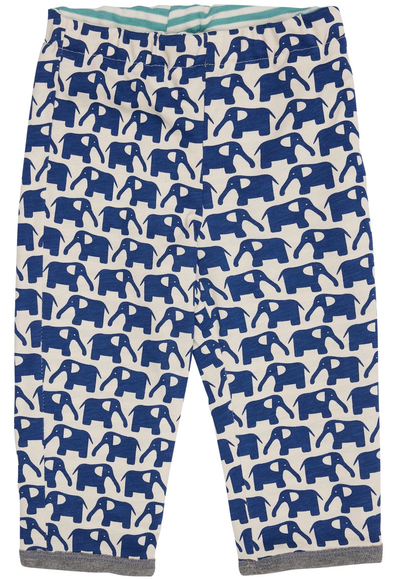 Blauwe katoenen leggings met olifantenpatroon, voorzien van een lichtgrijze manchette en een turquoise gestreepte tailleband. Heeft herhalende olifantensilhouetten.