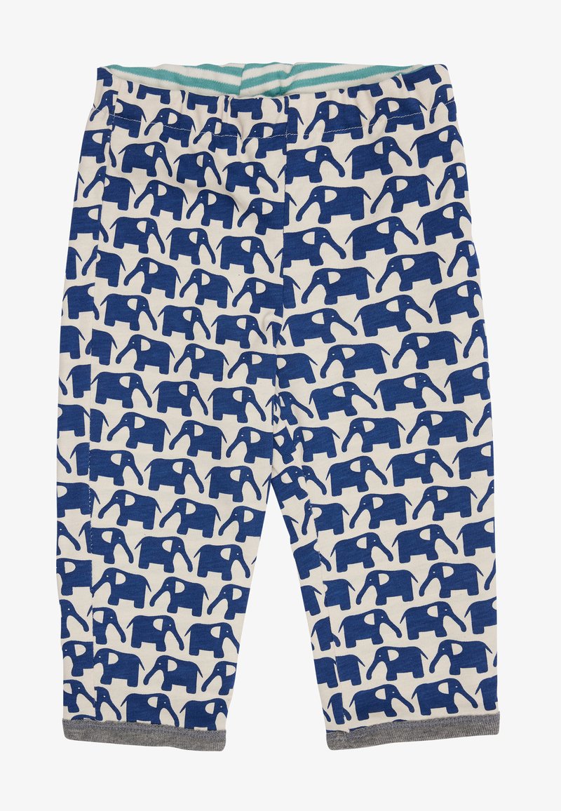 Blauwe katoenen leggings met olifantenpatroon, voorzien van een lichtgrijze manchette en een turquoise gestreepte tailleband. Heeft herhalende olifantensilhouetten.