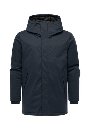 Marineblauer Winterparka mit Kapuze, frontale Reißverschlussabdeckung durch einen Sturmklappen, zwei schräg angeordnete Seitentaschen und gerippte Bündchen.