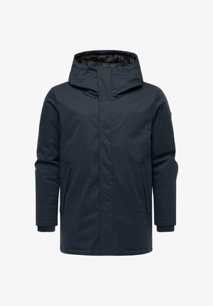 Granatowa zimowa parka z kapturem, z przodu zamknięcie na zamek błyskawiczny zabezpieczone klapą przeciwwiatrową, dwa ukośne boczne kieszenie oraz ściągacze przy mankietach.