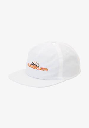 White cap with a flat brim. Features a black and orange logo on the front. Made of fabric with a smooth texture and stitched detailing.