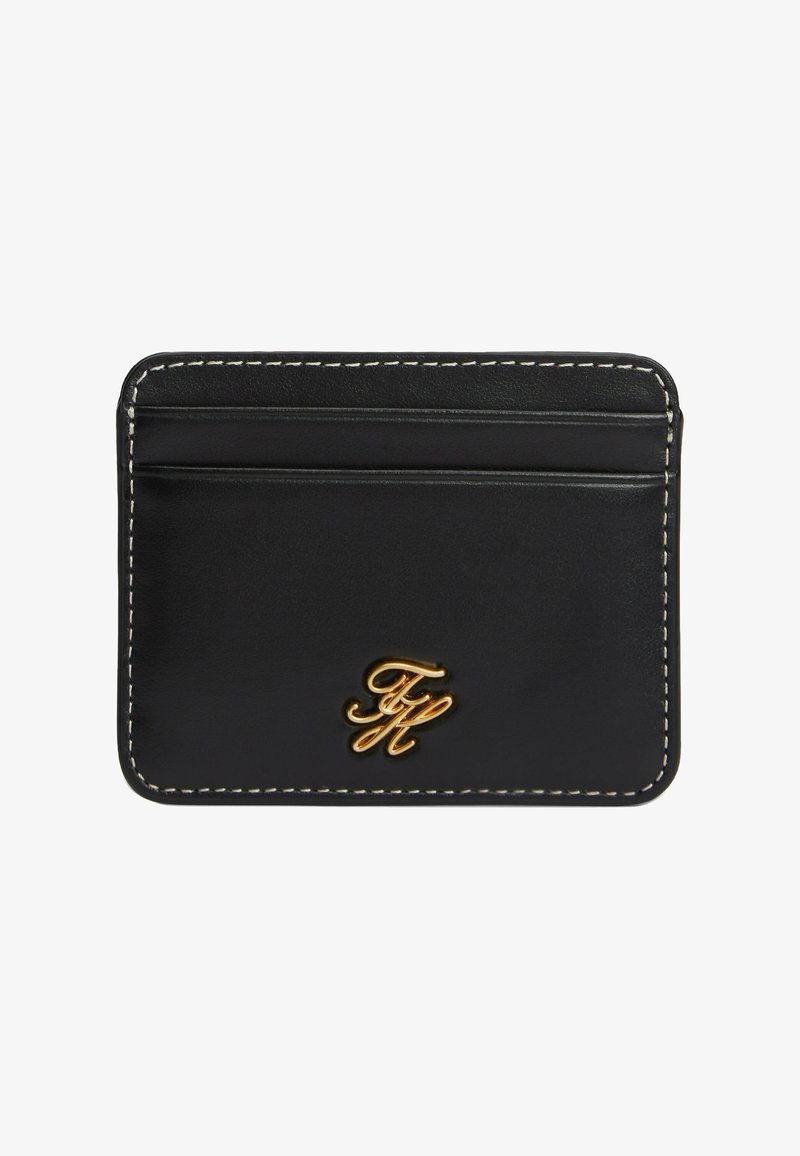 Zwarte leren kaarthouder met witte stiksels en goudkleurig monogramlogo, voorzien van twee kaarthouders aan de voorkant.