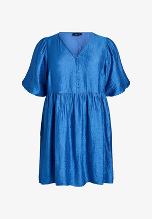 Un vestido azul vibrante con mangas cortas abullonadas, escote en V y botones en la parte delantera, que cuenta con una falda fluida.