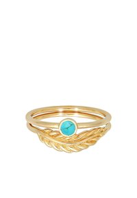 Goldfarbener Ring-Satz mit gedrehter, blattähnlicher Gestaltung und einem Türkisstein in der Mitte. Glatte Oberfläche, runde Form.