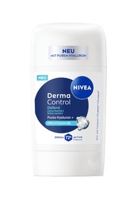 NIVEA Derma Control antiperspirant in a white roll-on container, featuring blue and silver accents, with a clear label highlighting hyaluronic acid.