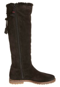 Botas altas de ante negro con parte superior forrada de suave piel, cierre lateral con cremallera y suela de goma texturizada para mayor agarre. Diseño sencillo con detalles mínimos.