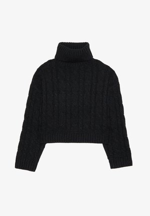 Pull noir à col roulé en crochet, design court, motif en relief en côtes torsadées, larges poignets et ourlet côtelés, apparence douce et chaude.