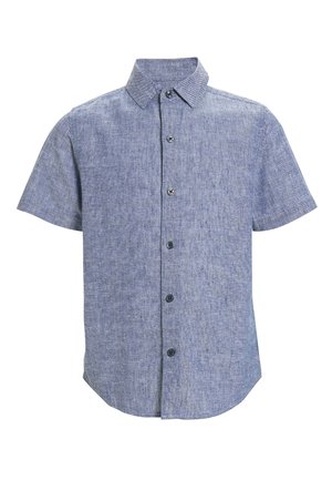 Chemise à manches courtes boutonnée en tissu bleu texturé avec un col, présentée sur fond blanc.
