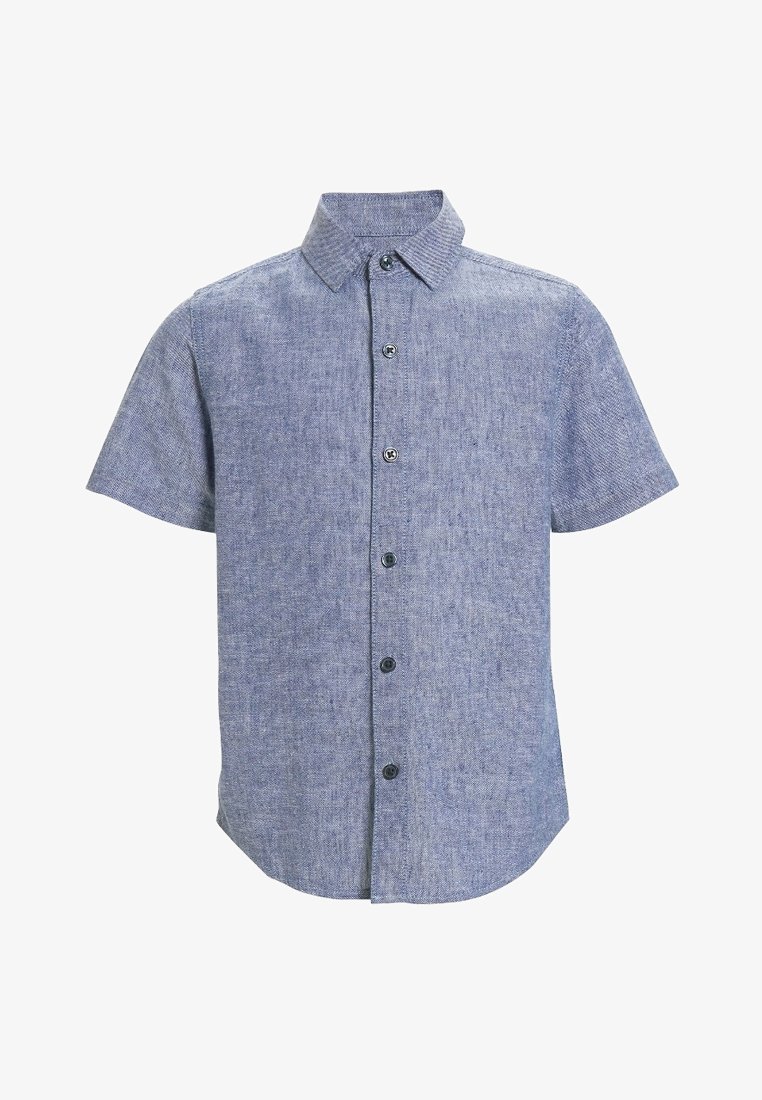 Chemise à manches courtes boutonnée en tissu bleu texturé avec un col, présentée sur fond blanc.