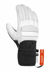 Weiße Torwarthandschuhe mit texturiertem Handflächen, schwarzem Handgelenkbund und orangefarbigem Etikett. Verfügt über verstärkte Nähte und gepolsterte Knöchel zum Schutz.