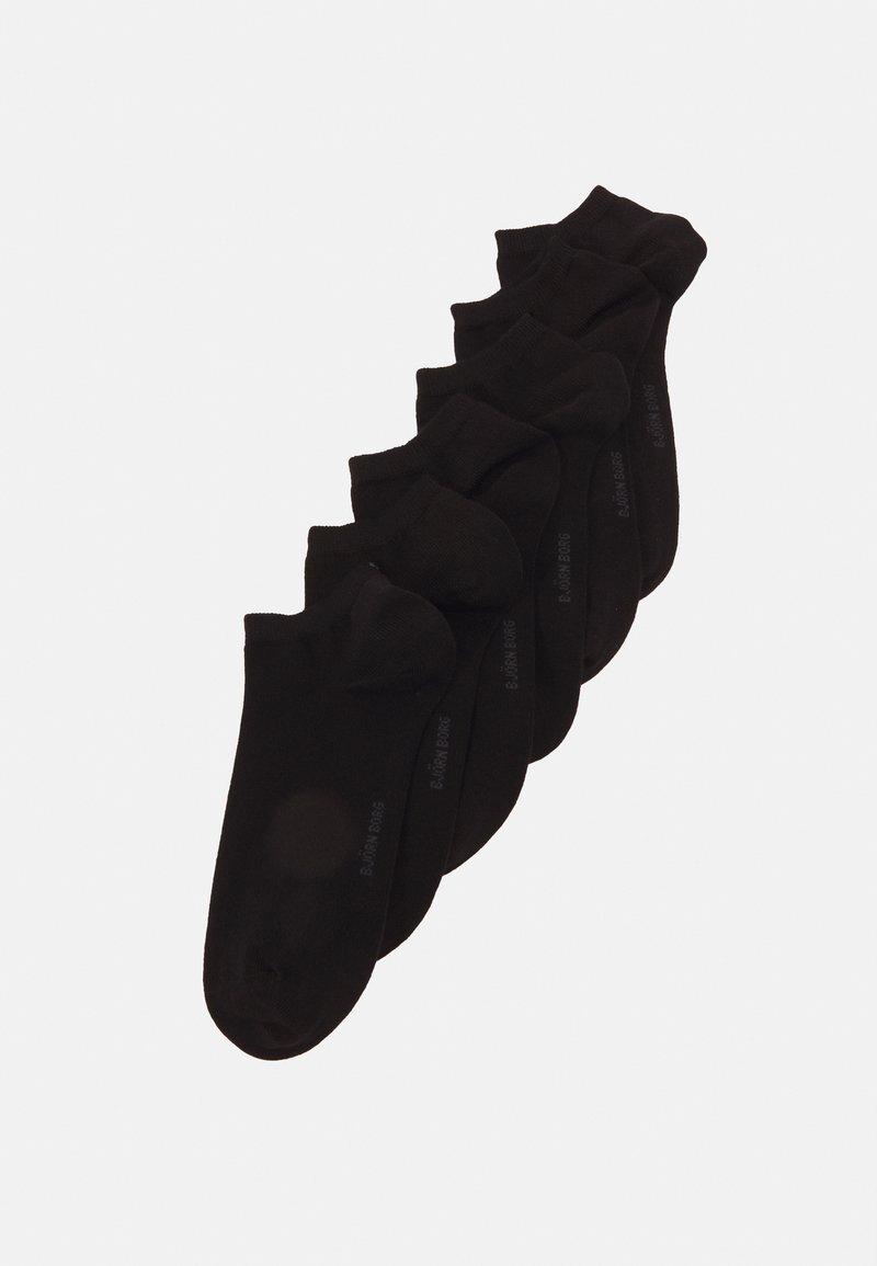 Schwarze Knöchelsocken, glattes Material, sechs Paare, gerippter Saum, nahtlose Zehenpartie, mit kleinem Branding an der Seite, verlängerte Form für eine enge Passform.