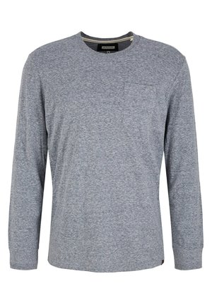 Camisa de manga larga en tejido gris jaspeado con cuello redondo y bolsillo en el pecho izquierdo. Presenta puños acanalados y dobladillo recto.