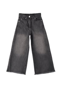 Wijde jeans in vervaagd zwart denim, met een hoge taille, vijfzakken ontwerp en rafelzoom. Soepele textuur met subtiele kleurvariatie.