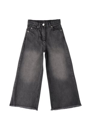 Jeans a gamba larga in denim nero sbiadito, con vita alta, design a cinque tasche e orlo sfilacciato. Texture liscia con leggera variazione di colore.