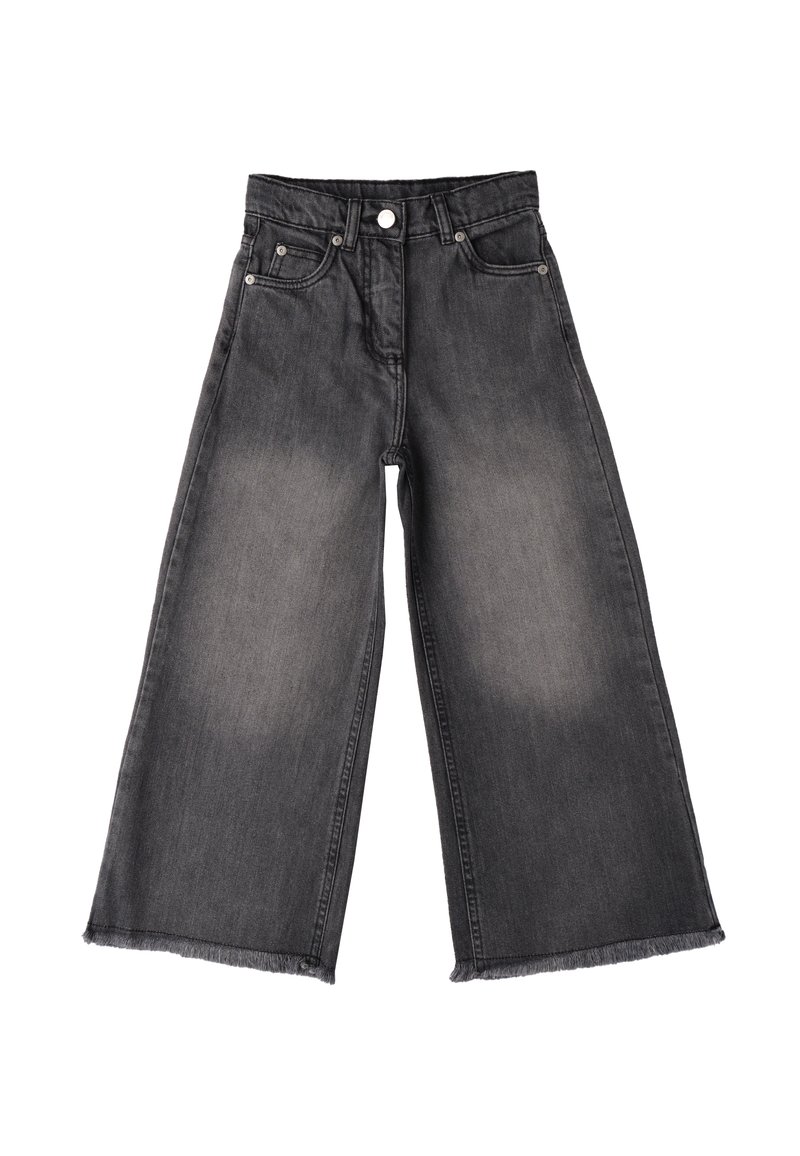 Wijde jeans in vervaagd zwart denim, met een hoge taille, vijfzakken ontwerp en rafelzoom. Soepele textuur met subtiele kleurvariatie.