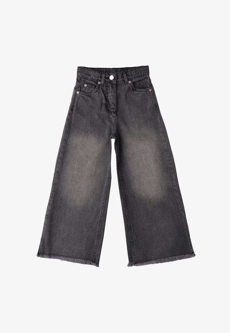 Wijde jeans in vervaagd zwart denim, met een hoge taille, vijfzakken ontwerp en rafelzoom. Soepele textuur met subtiele kleurvariatie.