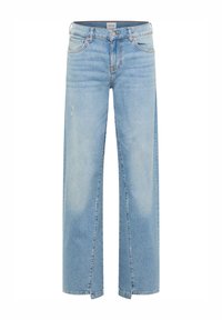 Šviesiai mėlynos plačios džinsinės kelnės su aukštu liemeniu, pasižyminčios laisvu pjūviu, nusidėvėjusiu plovimu ir šoninėmis skverais apatiniame krašte papildomam akcentui.