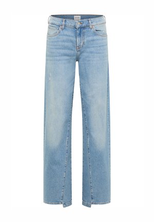 Jeans de mezclilla de tiro alto en un azul claro, con un corte amplio y relajado, una lavada deslavada y aberturas en los laterales del dobladillo para un detalle adicional.