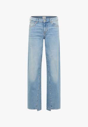 Helleblaue Jeans im Weitleg-Design aus Denim mit hoher Taille, die eine lockere Passform, eine ausgeblichene Waschung und seitliche Schlitze am Saum für zusätzliche Details aufweisen.