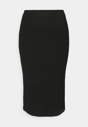Schwarzer, gerippter Bleistiftrock mit tailliertem Schnitt, mittellanger Länge und glatter Textur. Verfügbar mit einem dezenten hohen Bund und einer schlichten Oberfläche.