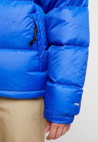 Doudoune bleue à texture brillante, avec une poche zippée, des poignets élastiques et un logo "700" sur le poignet gauche.