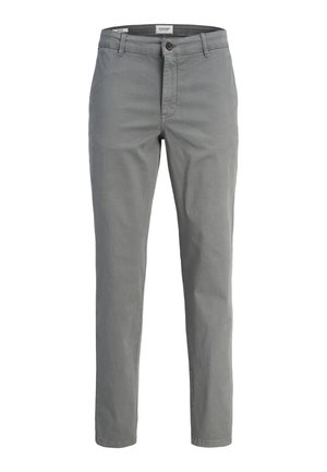 Pantalones casual ajustados en gris para hombre con trabillas para cinturón, cierre de botón y bolsillos delanteros.