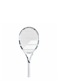 Raqueta de tenis con un marco blanco y azul, cabeza ovalada y un agarre blanco texturizado. Presenta cuerdas verticales en un patrón de rejilla.