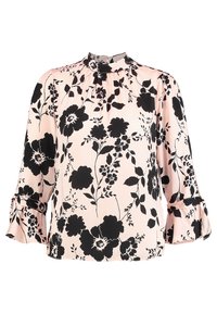 Blusa a maniche lunghe in satin rosa chiaro con stampa floreale nera. Caratterizzata da un collo alto e polsini a volant. Texture liscia e vestibilità rilassata.