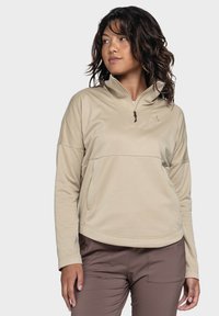 Beige, leichter Quarter-Zip-Pullover mit Stehkragen, der eine glatte Textur, ein sportliches Design und ein dezentes Logo auf der Brust aufweist.