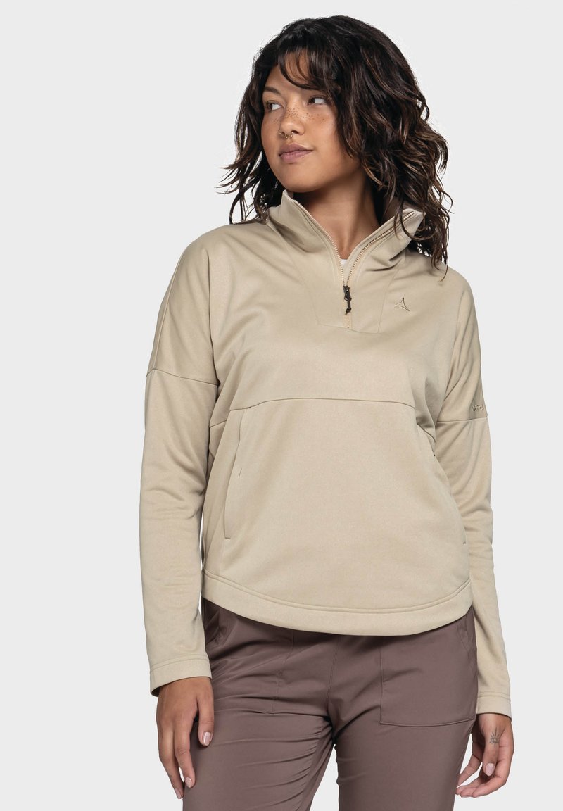 Beige, leichter Quarter-Zip-Pullover mit Stehkragen, der eine glatte Textur, ein sportliches Design und ein dezentes Logo auf der Brust aufweist.