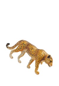 Leopard figurine made of glossy plastic, featuring a golden-yellow body with black spots, a long tail, and detailed facial features.