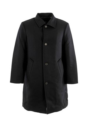 Cappotto di lana nera con design strutturato, dotato di colletto, chiusura frontale con bottoni, grandi tasche laterali e una vestibilità leggermente rilassata.